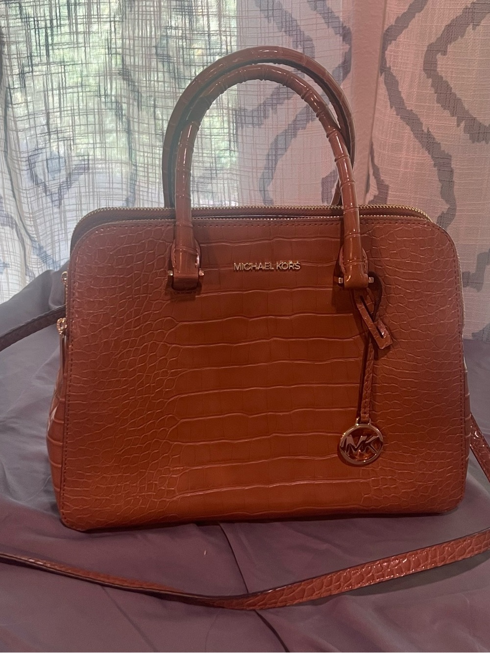 Michael Kors Cognac Croc-Embossed Dome Satchel with MK Charm